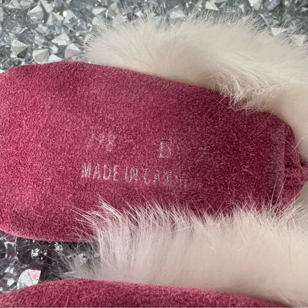 Moccasin mukluks slippers rose pink white rabbit fur made in Canada 🇨🇦 winter